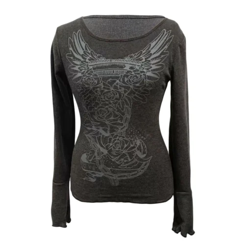 Xingqing 2000s Graphic T Shirt Vintage Fairy Grunge Floral Wings Print Long Sleeve Tops y2k Women Clothes Basic Harajuku Tee