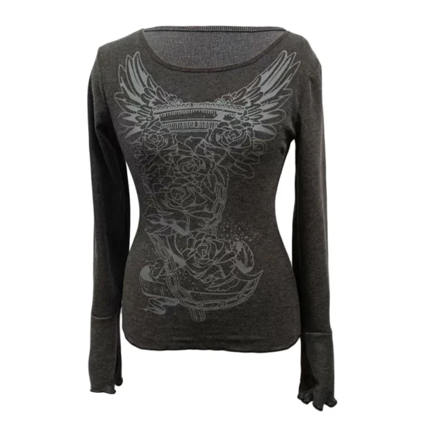Xingqing 2000s Graphic T Shirt Vintage Fairy Grunge Floral Wings Print Long Sleeve Tops y2k Women Clothes Basic Harajuku Tee