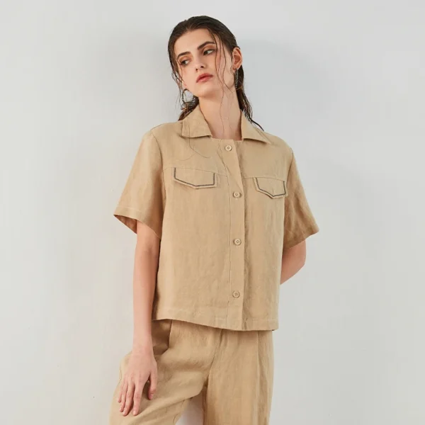 K1570X Luxury Women's 100% Linen Shirt Short Sleeve High End Designer Cargo Blouse Loose Fit Pocket Top Summer Clothing