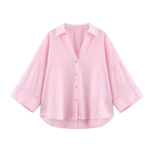 HipSeam Wide Sleeved Shirt Women Spring Asymmetric Hem Button Women's Shirts Simple Lady Johnny Collar Shirts & Blouses