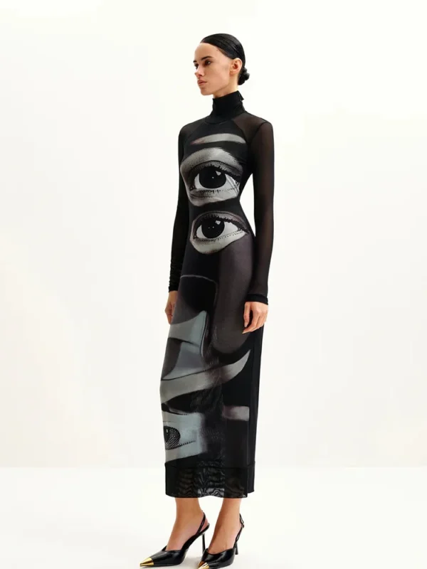 Ahagaga Fashion Women's Maxi Dresses Printed Turtleneck Regular Long Sleeves Sheath Slim Fit Eyes Causal Streetwear Vestidos