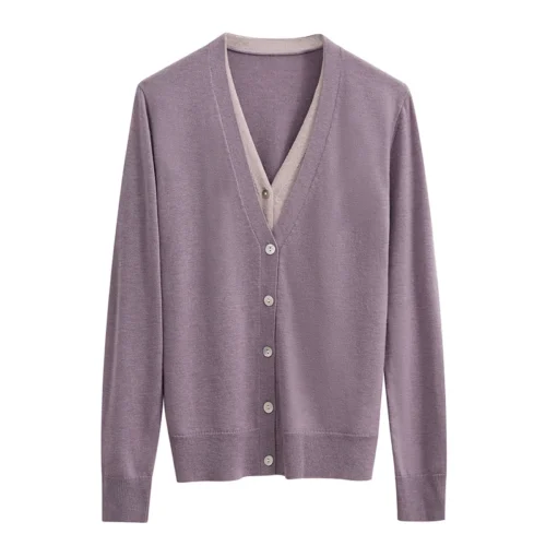 Amii Minimalism Woolen Cardigan For Women 2024 Autumn New Office Lady V-neck Spliced Fake Two Loose Shell Buckle Blouse