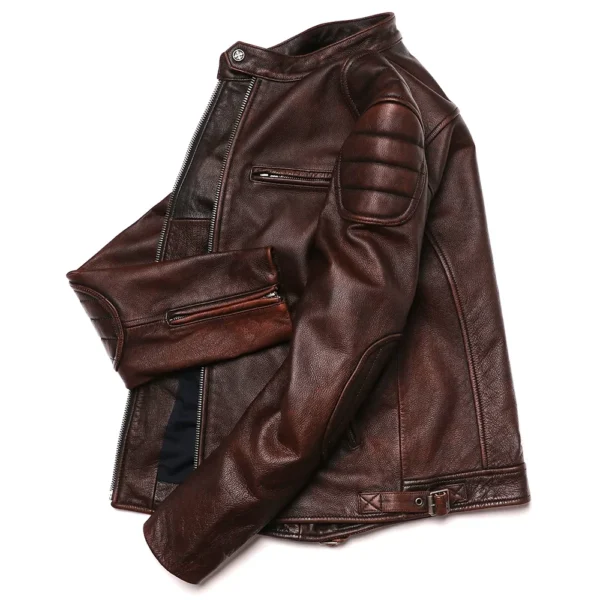 2025 Vintage Genuine Leather Jacket Real Natural Cowhide Men Motorcycle Biker Coat Mens Slim Calf Skin Coat