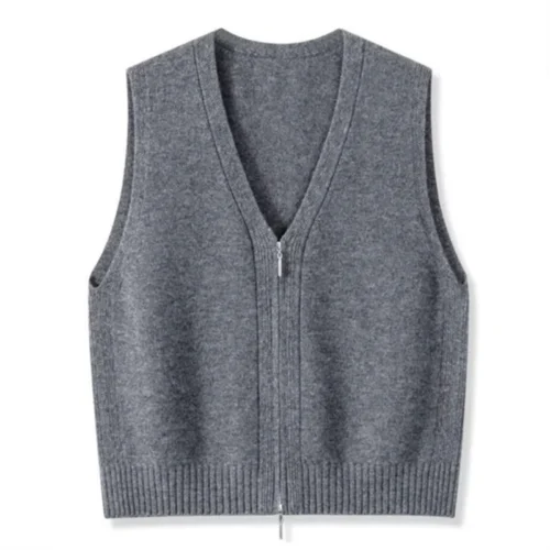 Women Knitwear Autumn Women Double Zipper V-neck Chic Simple Sleeveless Sweater Vest Out Wear Warm Gray Knitted Coat Cardigan