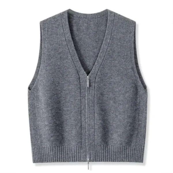 Women Knitwear Autumn Women Double Zipper V-neck Chic Simple Sleeveless Sweater Vest Out Wear Warm Gray Knitted Coat Cardigan