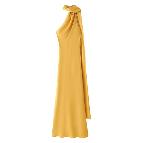 VEITCHE Elegant Women's Soft Silk Satin Long Dress Halter Backless Sleeveless Maxi Dresses Summer Lady Long Ribbon Party Gowns