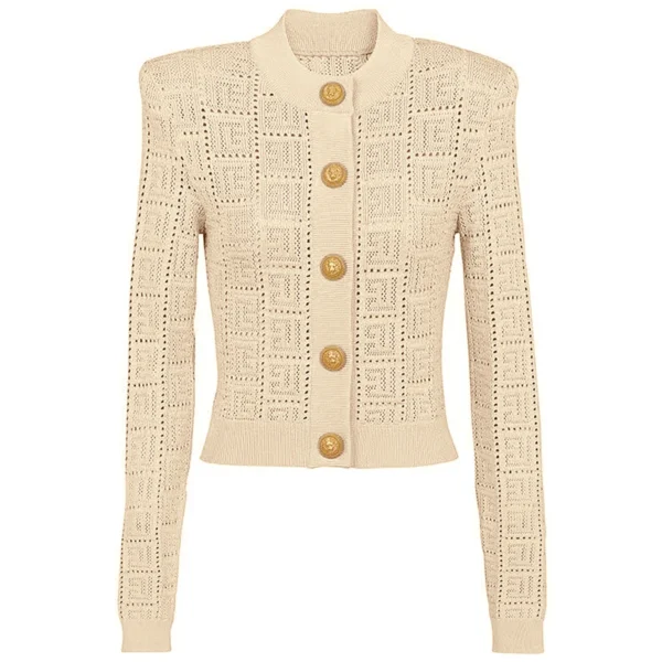 SML High Quality Fashion Elastic Knitted Fabric Labyrinth Hollow Round Neck Single breasted Long Sleeve Slim Fit Women Cardigan