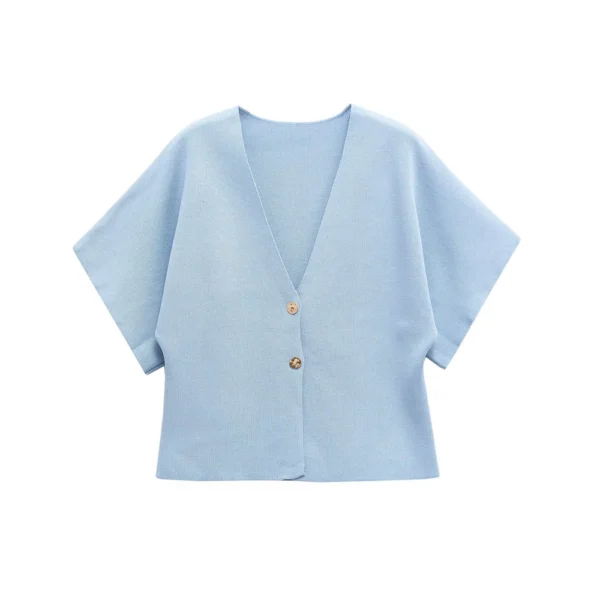 Women's Front Golden Buttons Knit Cardigan Sweater, V Neck, Wide Short Sleeves, Female Outerwear, Chic Tops, Fashion