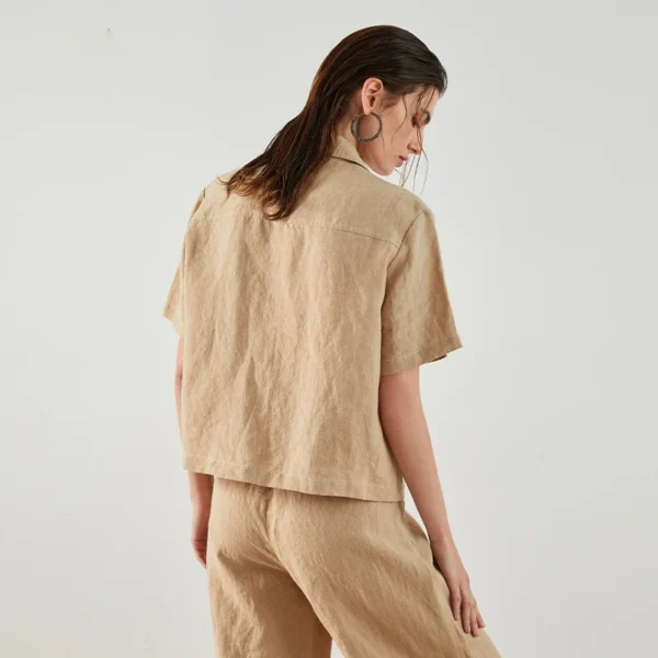 K1570X Luxury Women's 100% Linen Shirt Short Sleeve High End Designer Cargo Blouse Loose Fit Pocket Top Summer Clothing
