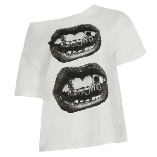 American Street Hip Hop Mouth Print Loose T-shirt Women Personalized Casual Top