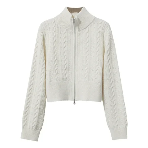 AMII Short Cardigan For Women 2025 Autumn New Minimalist High Neck Zipper Cardigans Lady Long Sleeve Slim Top Women