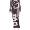 Ahagaga Fashion Women's Maxi Dresses Printed Turtleneck Regular Long Sleeves Sheath Slim Fit Eyes Causal Streetwear Vestidos