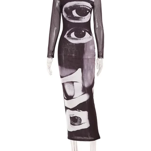 Ahagaga Fashion Women's Maxi Dresses Printed Turtleneck Regular Long Sleeves Sheath Slim Fit Eyes Causal Streetwear Vestidos