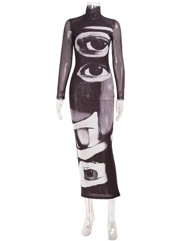 Ahagaga Fashion Women's Maxi Dresses Printed Turtleneck Regular Long Sleeves Sheath Slim Fit Eyes Causal Streetwear Vestidos
