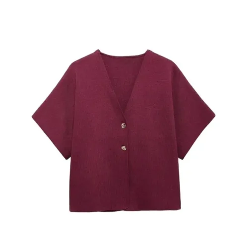 Women's Front Golden Buttons Knit Cardigan Sweater, V Neck, Wide Short Sleeves, Female Outerwear, Chic Tops, Fashion
