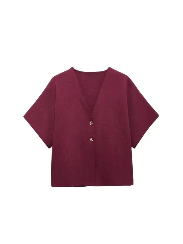 Women's Front Golden Buttons Knit Cardigan Sweater, V Neck, Wide Short Sleeves, Female Outerwear, Chic Tops, Fashion
