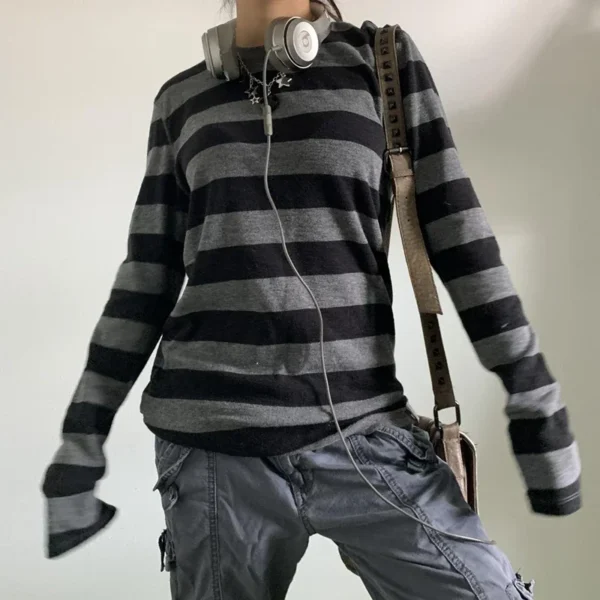 Women Teen Girls Fairy Grunge Y2k Long Sleeve Baggy Shirt Tops Striped Baby Tees Vintage Streetwear T-Shirt Autumn Clothes