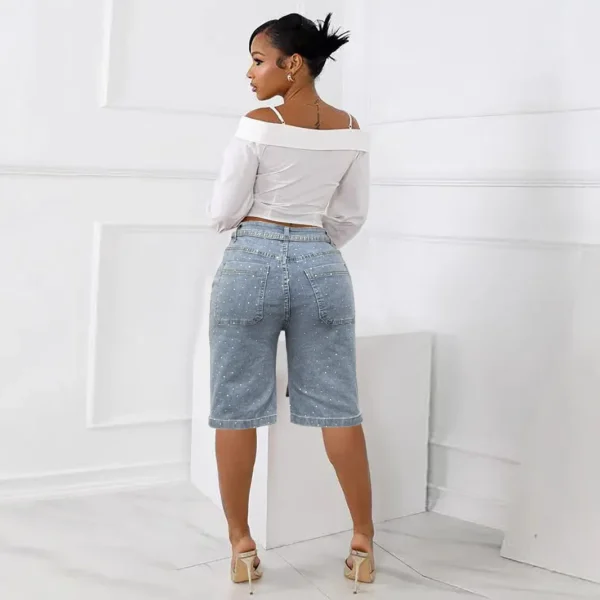 Knee Length Women Jeans High Waist Jean Denim Washed Pants Sashes Zipper Fly Distressed Straight Diamonds Summer Vintage