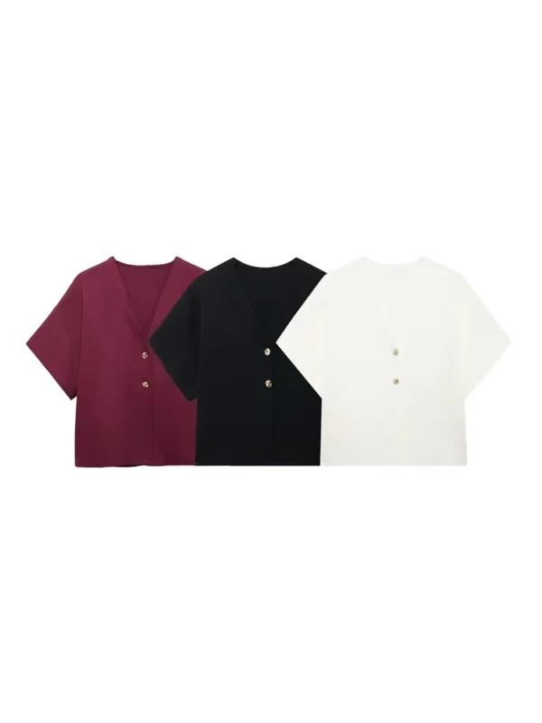 Women's Front Golden Buttons Knit Cardigan Sweater, V Neck, Wide Short Sleeves, Female Outerwear, Chic Tops, Fashion