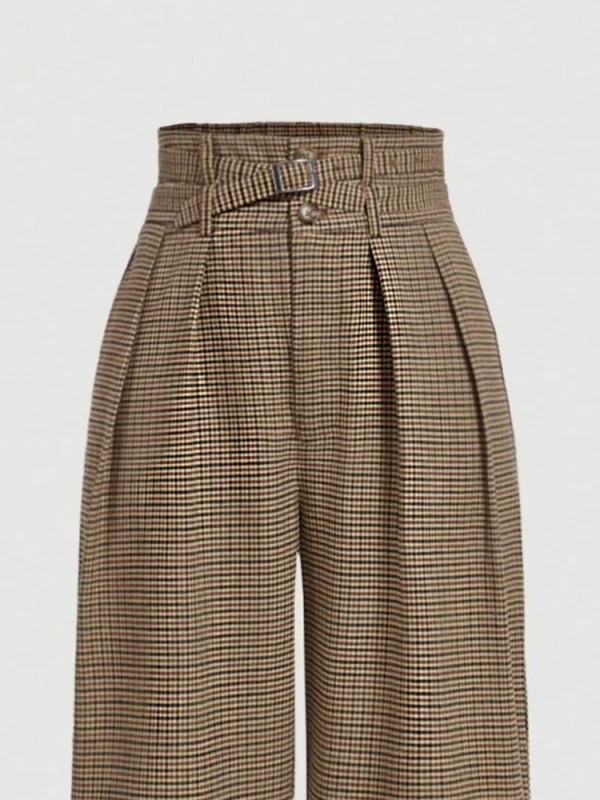 Women's plaid wide-leg trousers, retro high-waisted casual trousers, cargo style trousers with belt