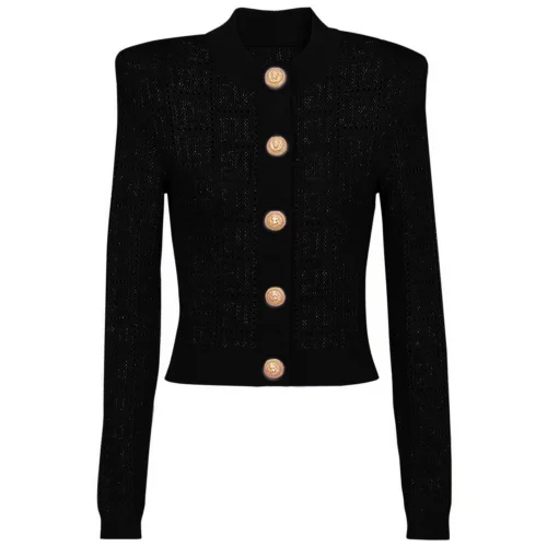 SML High Quality Fashion Elastic Knitted Fabric Labyrinth Hollow Round Neck Single breasted Long Sleeve Slim Fit Women Cardigan