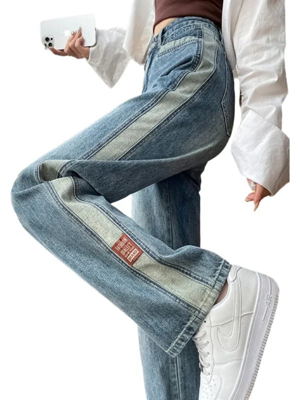 Women Vintage Wash High Waist Wide Leg Jeans Side Stripe Distressed Denim Pants Casual Streetwear
