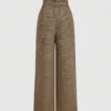 Women's plaid wide-leg trousers, retro high-waisted casual trousers, cargo style trousers with belt
