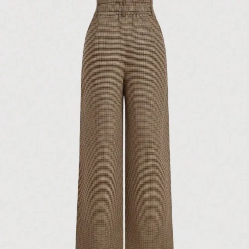 Women's plaid wide-leg trousers, retro high-waisted casual trousers, cargo style trousers with belt