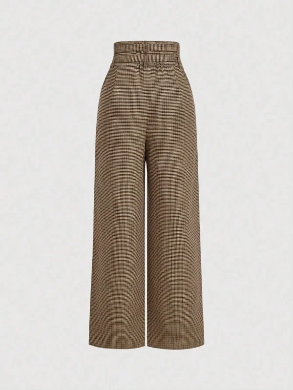 Women's plaid wide-leg trousers, retro high-waisted casual trousers, cargo style trousers with belt