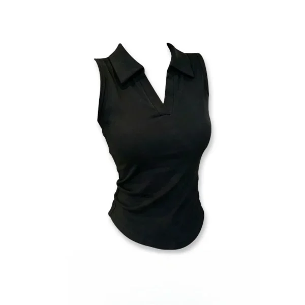 2026 Summer New Arrival Gothic Casual Women Polo Neck Sleeveless Tank Top Ruched Side Slim Fit Curved Hem Casual Daily Outfit