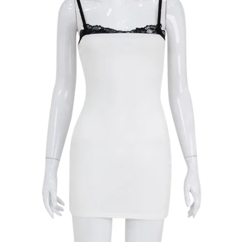 Lace Patchwork Spaghetti Dresses For Women Fashion Sexy Club Y2K Sleeveless Slash Neck Skinny Mini Vestidos Robes Female Bodycon