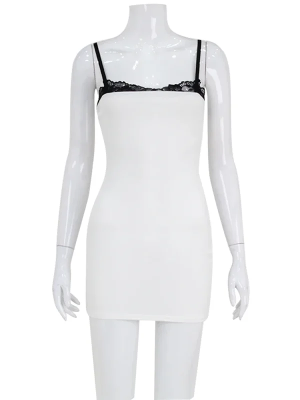 Lace Patchwork Spaghetti Dresses For Women Fashion Sexy Club Y2K Sleeveless Slash Neck Skinny Mini Vestidos Robes Female Bodycon