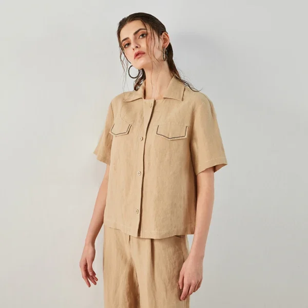 K1570X Luxury Women's 100% Linen Shirt Short Sleeve High End Designer Cargo Blouse Loose Fit Pocket Top Summer Clothing