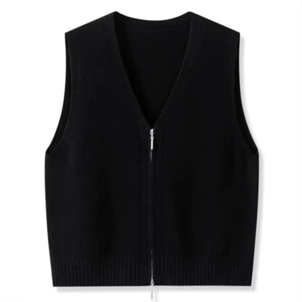 Women Knitwear Autumn Women Double Zipper V-neck Chic Simple Sleeveless Sweater Vest Out Wear Warm Gray Knitted Coat Cardigan