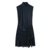 High-Street Chic Women's Lace Patchwork Silk-Satin Feel Mini Dress – 2025 Autumn/Winter New Collection