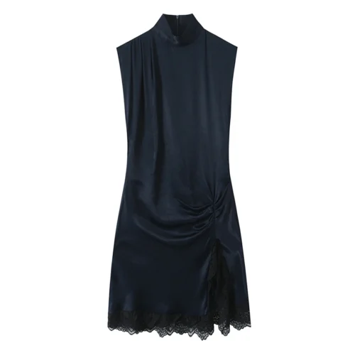 High-Street Chic Women's Lace Patchwork Silk-Satin Feel Mini Dress – 2025 Autumn/Winter New Collection