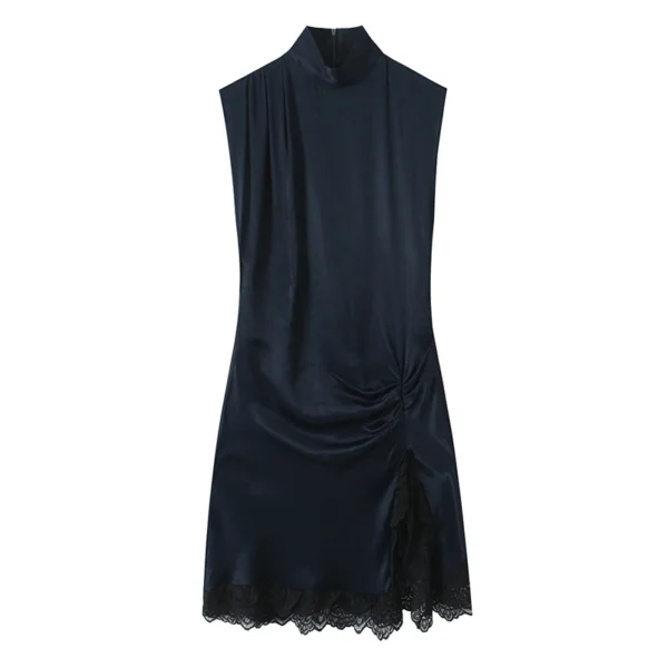 High-Street Chic Women's Lace Patchwork Silk-Satin Feel Mini Dress – 2025 Autumn/Winter New Collection