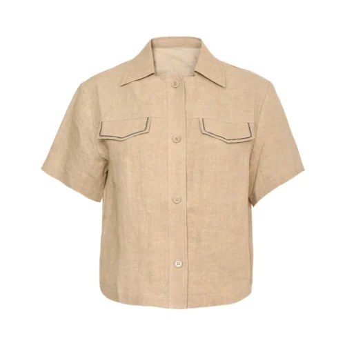 K1570X Luxury Women's 100% Linen Shirt Short Sleeve High End Designer Cargo Blouse Loose Fit Pocket Top Summer Clothing