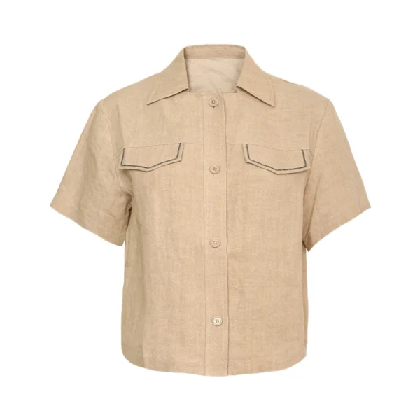 K1570X Luxury Women's 100% Linen Shirt Short Sleeve High End Designer Cargo Blouse Loose Fit Pocket Top Summer Clothing