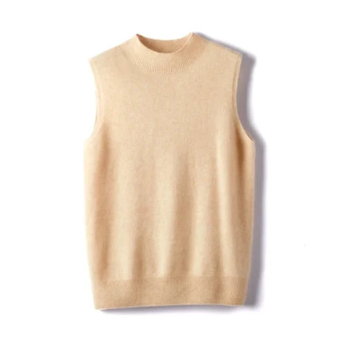 Pure Wool Sleeveless Mock Neck Sweater Women's Solid Color Knitting Basic Top Sleeveless Pullover Cashmere Women's Clothes