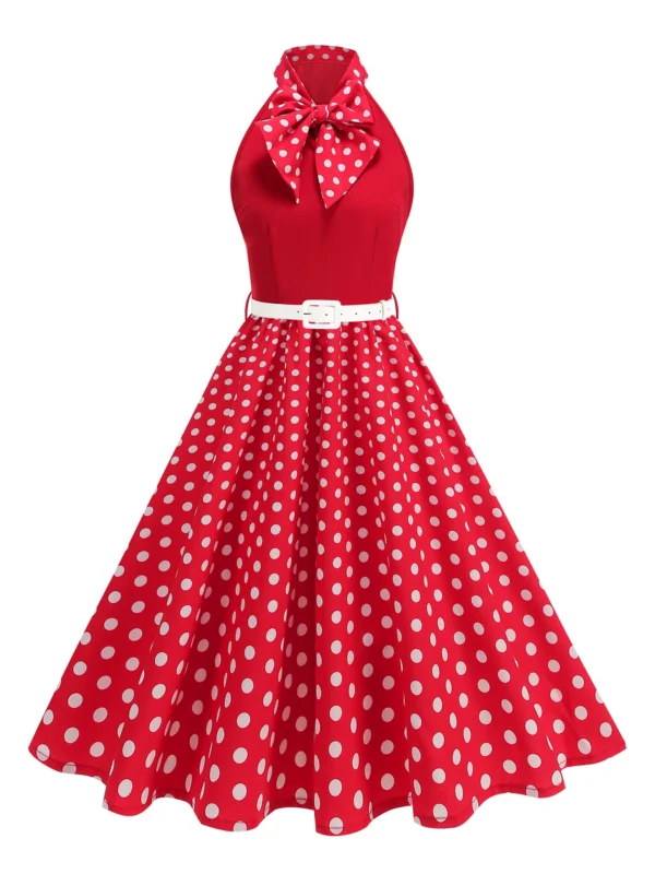 Tonval Bow Neck Halter Neck Polka Dot 50s Retro Party Clothes for Women Prom Vintage Cosplay Christmas Sleeveless Dresses