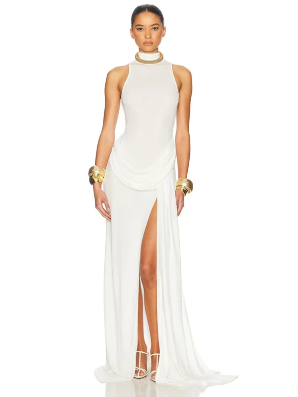 Blifanbo Turtleneck Off-shoulder Sleeveless Thigh Split High Waist Pleated Maxi Dress For Women Elegant Fashion Club Party Dress