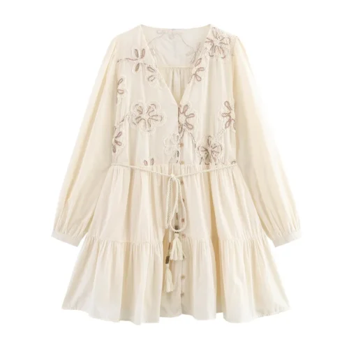 MUJER Flower Embroidered Mini Dress Women Tassel Pleated Short Dresses for Woman Summer Beach Women's Dress Boho Dress Woman