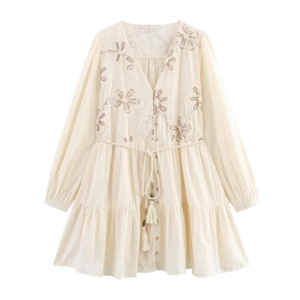 MUJER Flower Embroidered Mini Dress Women Tassel Pleated Short Dresses for Woman Summer Beach Women's Dress Boho Dress Woman