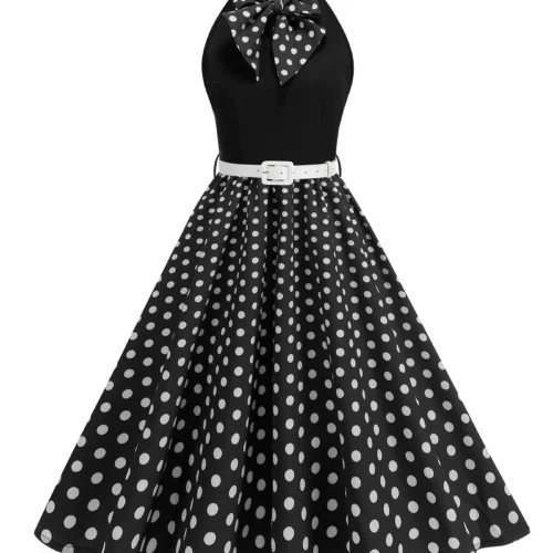 Tonval Bow Neck Halter Neck Polka Dot 50s Retro Party Clothes for Women Prom Vintage Cosplay Christmas Sleeveless Dresses