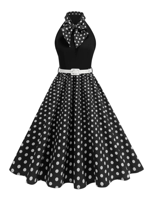 Tonval Bow Neck Halter Neck Polka Dot 50s Retro Party Clothes for Women Prom Vintage Cosplay Christmas Sleeveless Dresses