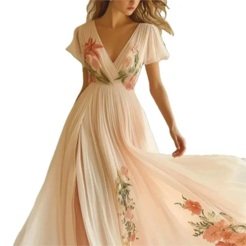 Women's Clothing Trend 2025 Summer Short Sleeve High Waist Dresses Sexy V Neck Floral Printed Boho Holiday Dress Vestidos