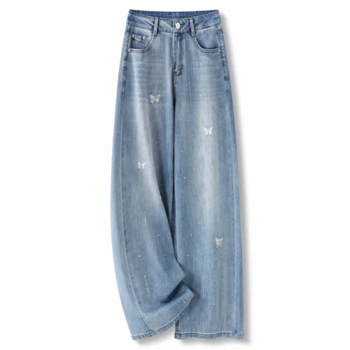 ZJYT Diamonds Wide Leg Jeans Women High Street Fashion Spring Summer Blue Denim Pants Trousers Casual Female Bottoms 2026 New
