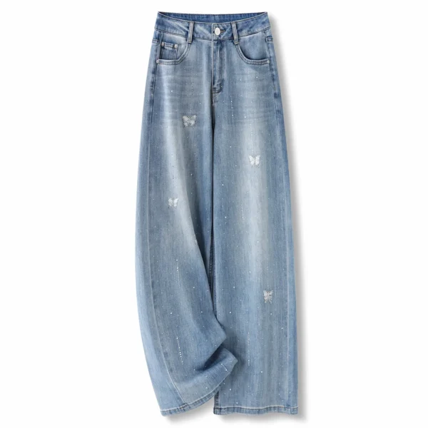 ZJYT Diamonds Wide Leg Jeans Women High Street Fashion Spring Summer Blue Denim Pants Trousers Casual Female Bottoms 2026 New