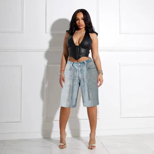 Knee Length Women Jeans High Waist Jean Denim Washed Pants Sashes Zipper Fly Distressed Straight Diamonds Summer Vintage